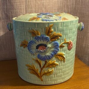Vintage majolica Japan Ceramic Lidded cracker jar with Blue Floral Relief